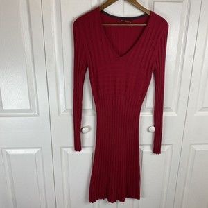 Krimson Klover M Sweater Dress Red 100% Merino Wool V-Neck Ribbed Bodycon sheath